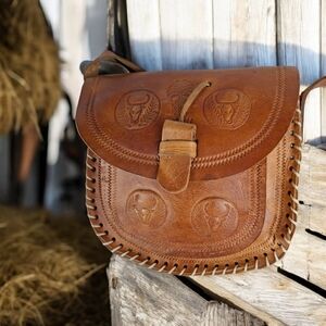 Vintage Handmade Tooled Tan Leather Shoulder Bag Handbag Flap Satchel